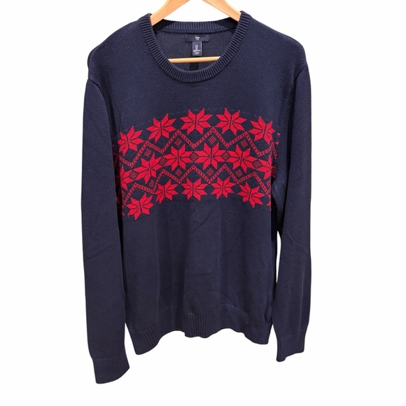 Gap Men’s Sweater Size L Navy Red Fair Isle Pattern 100% Cotton Crewneck Preppy - Picture 3 of 11